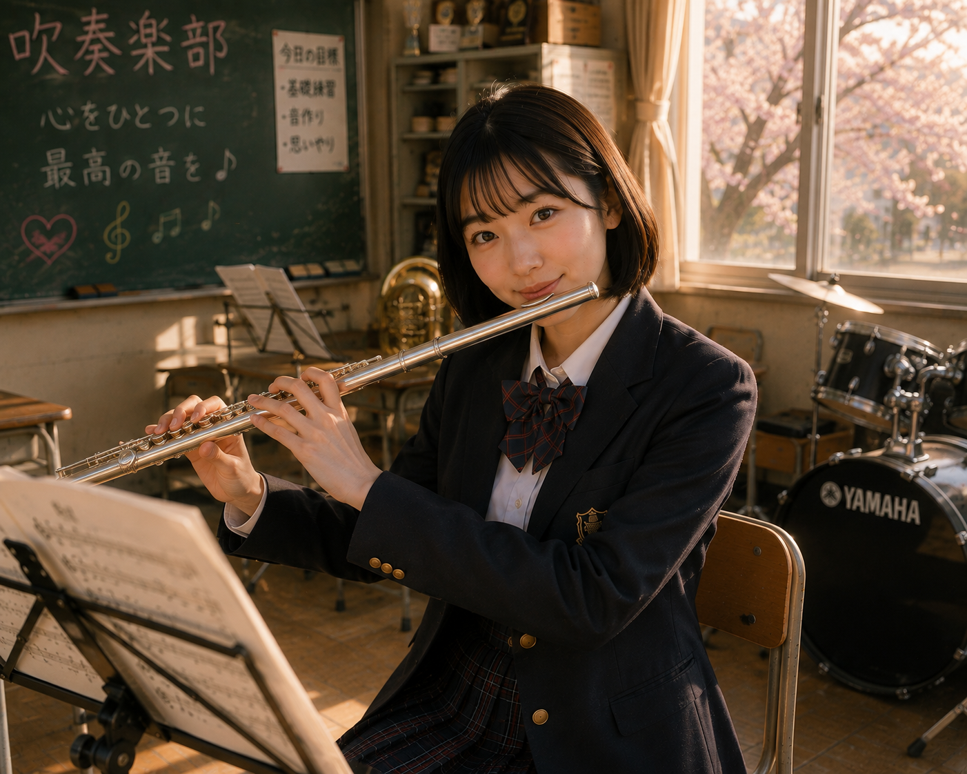 吹奏楽部の部室でフルートを演奏するみちる