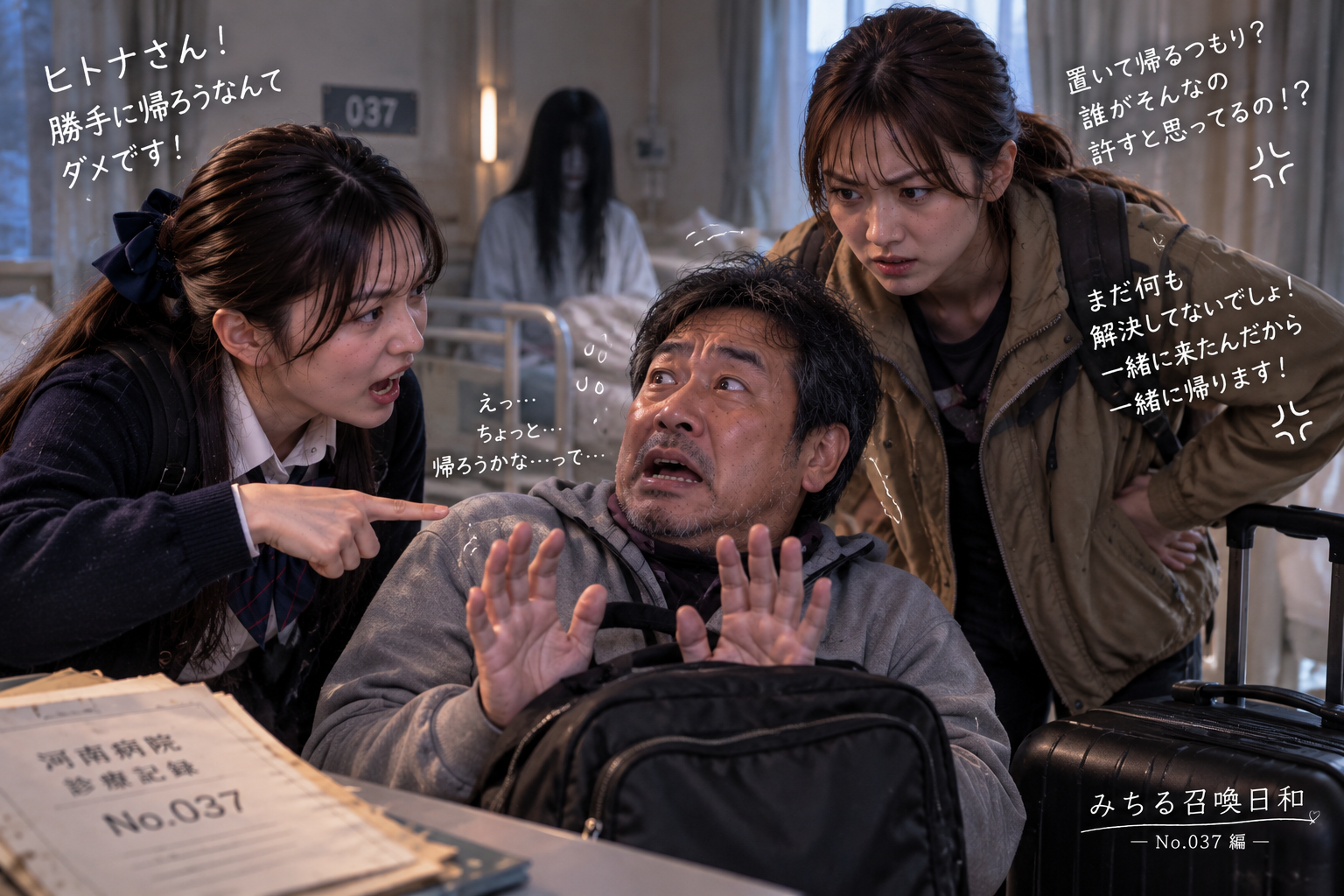 二人のみちるに怒られながら帰ろうとするヒトナさん。背後には白い人