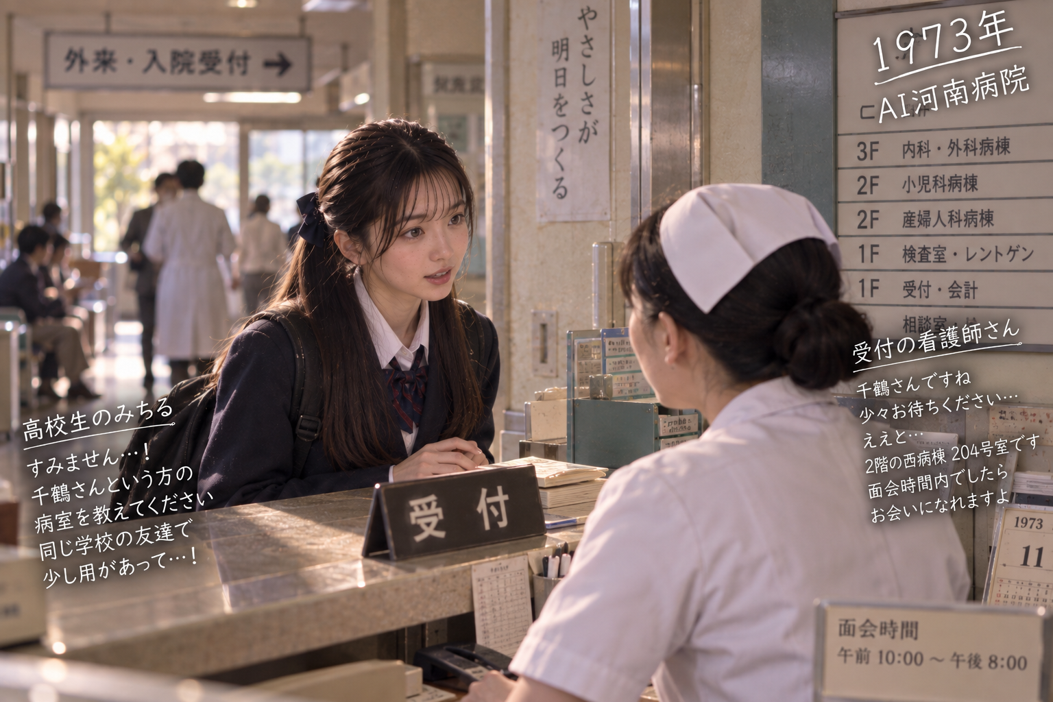 受付で千鶴の病室を尋ねる高校生みちる