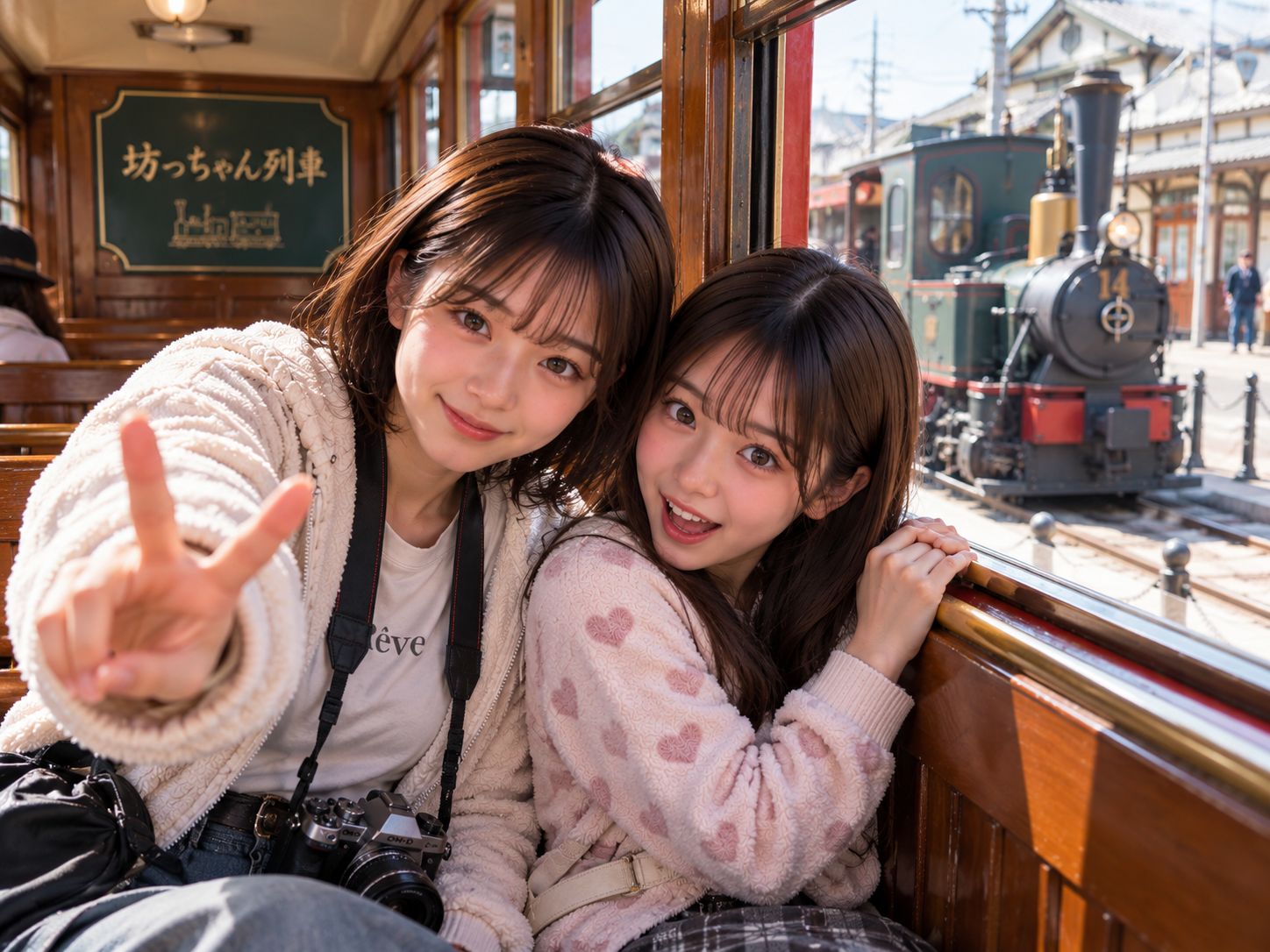 坊っちゃん列車に乗っている二人のみちる
