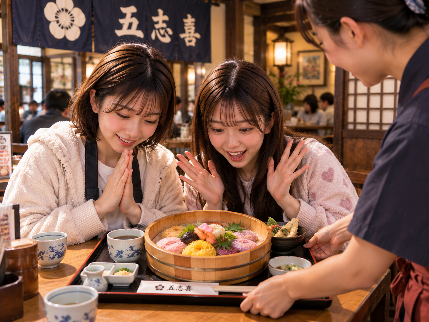 五色そうめんを前に喜ぶ二人