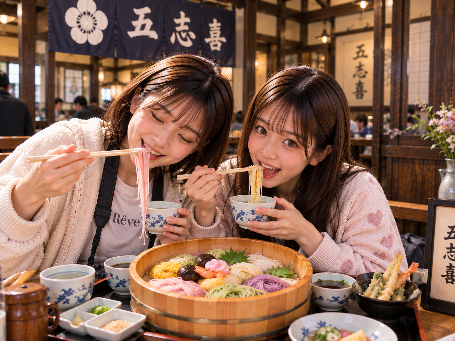 五色そうめんを食べている二人