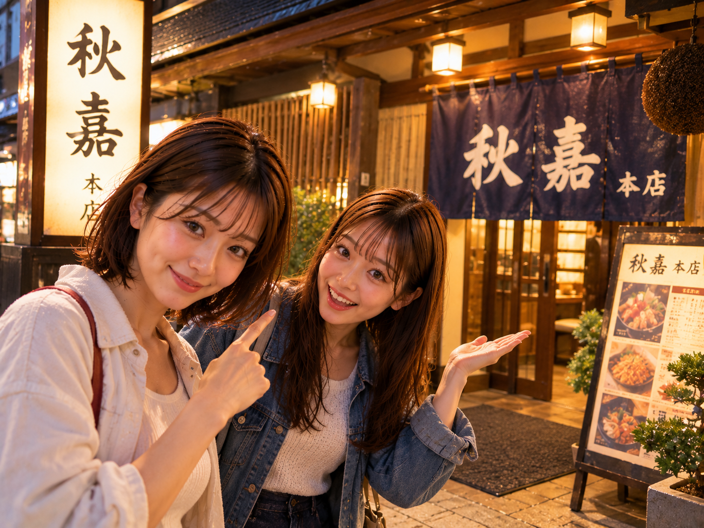 秋嘉本店の前にいる二人
