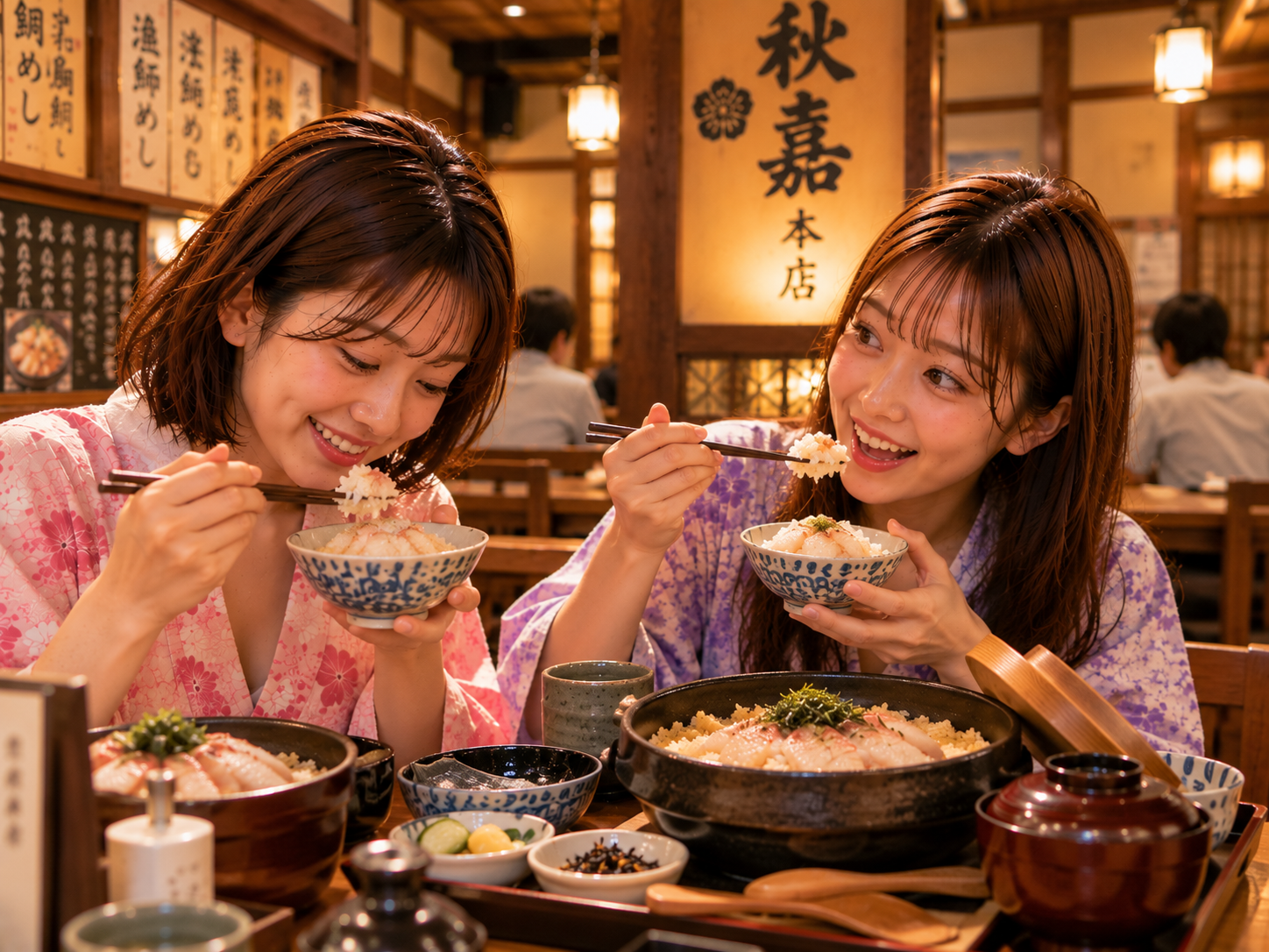鯛めしを食べている二人