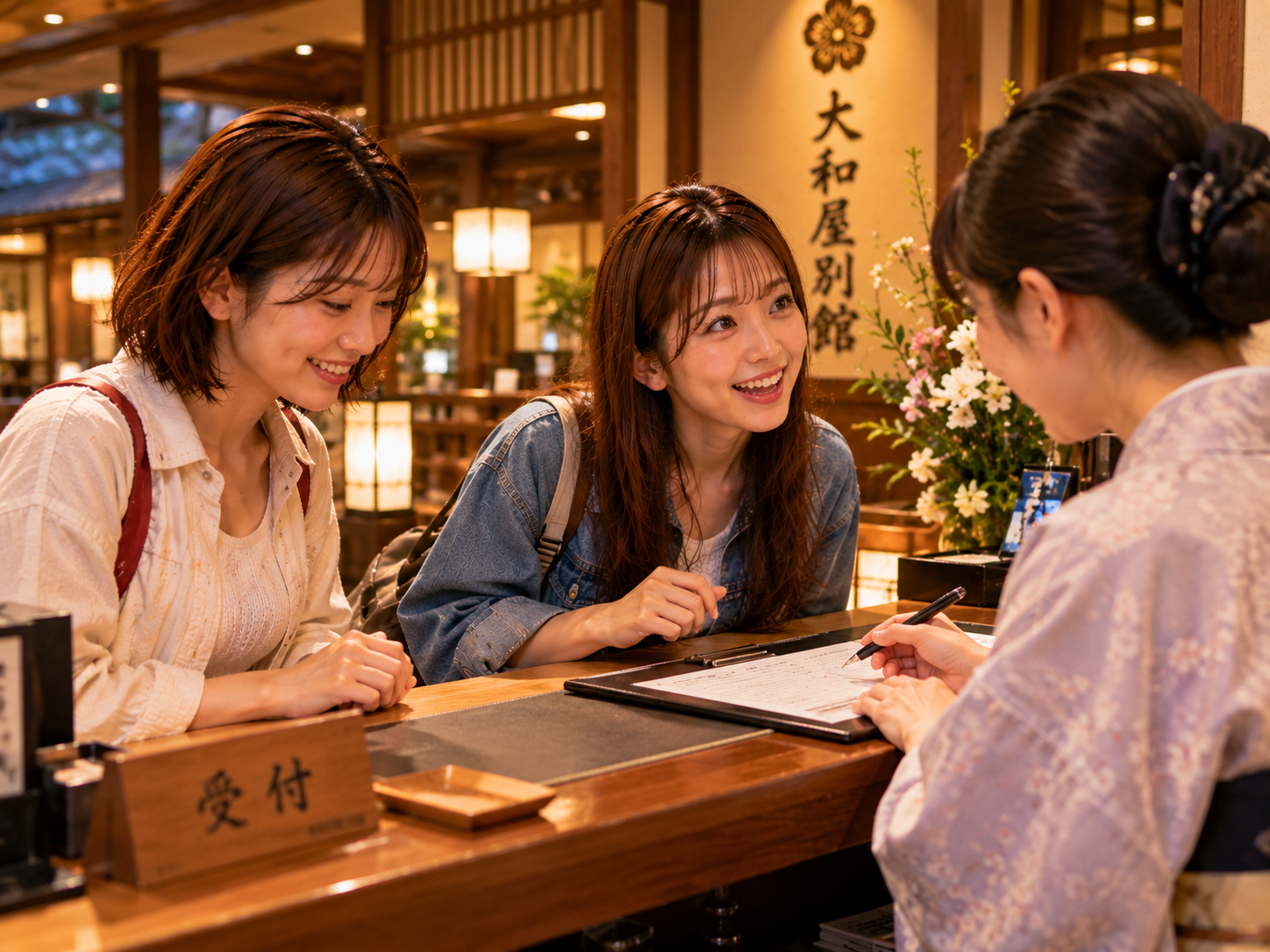 旅館でチェックインする二人