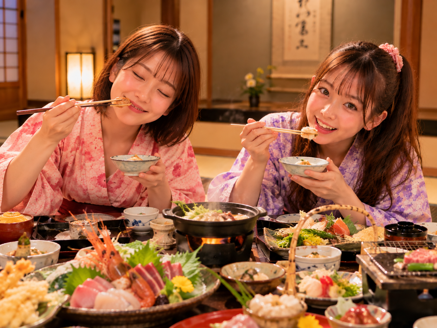 豪華な旅館料理を前に喜んでいる二人