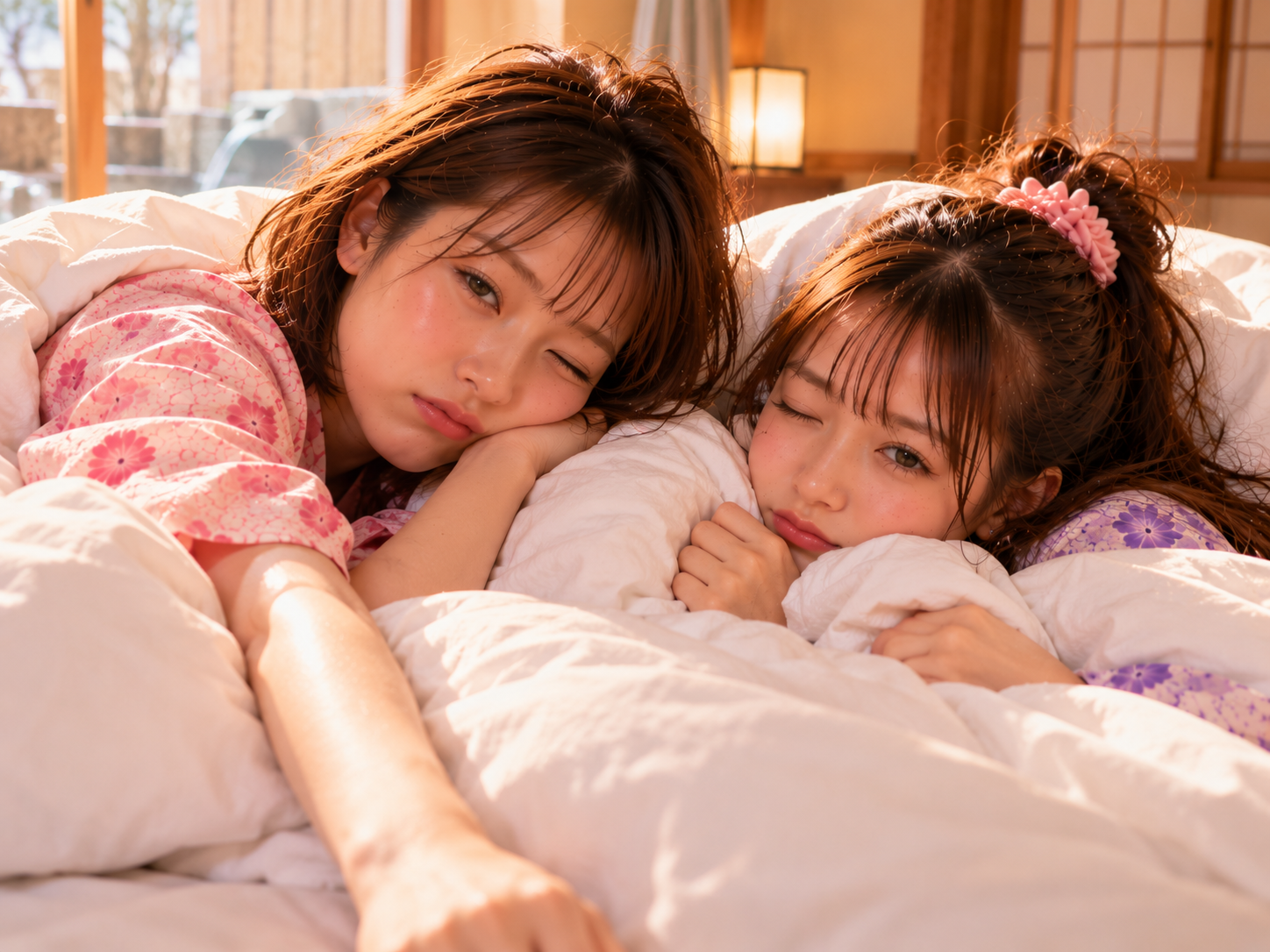 布団の中でまだ眠たそうな二人