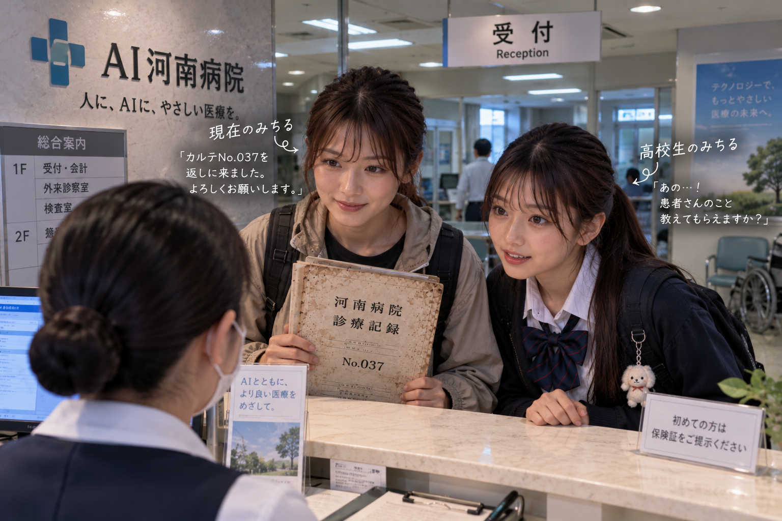 AI河南病院の受付にいる両みちる