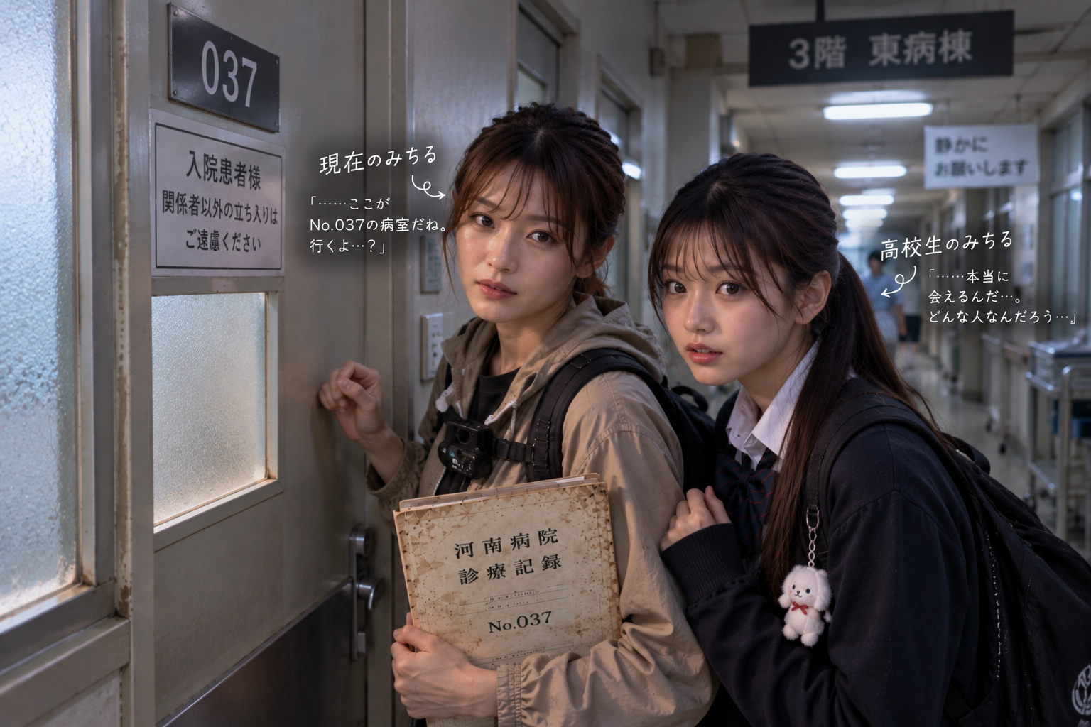 患者No.037が入院している病室の入口に立つ両みちる