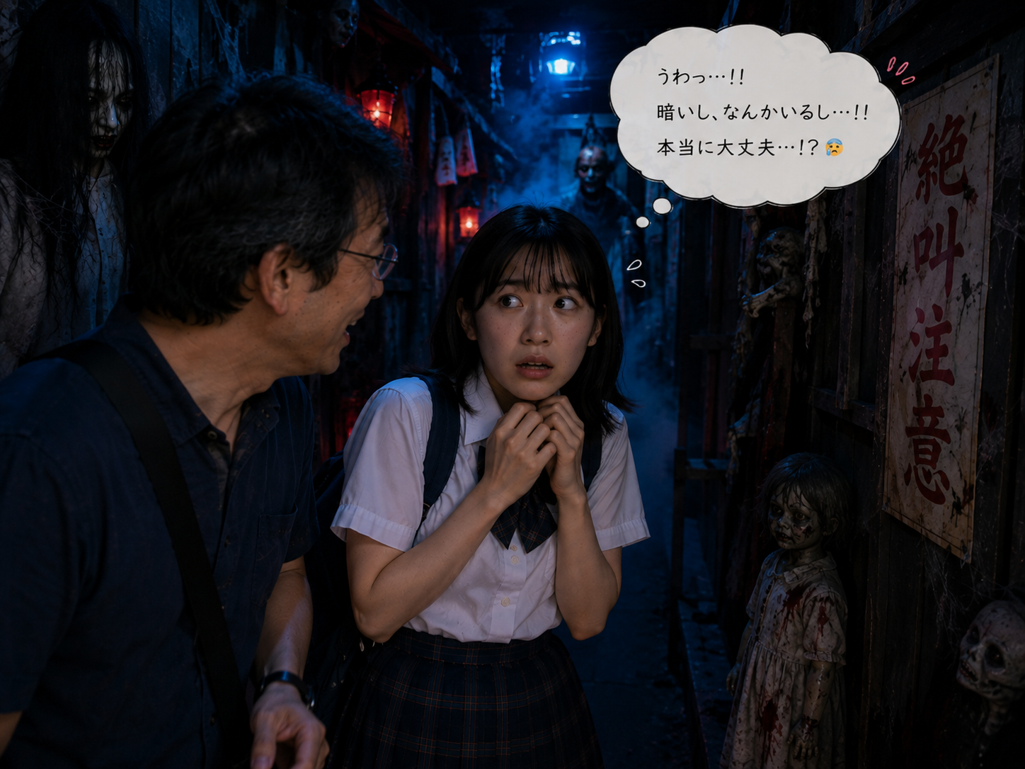 お化け屋敷の前で怖がる高校生みちる