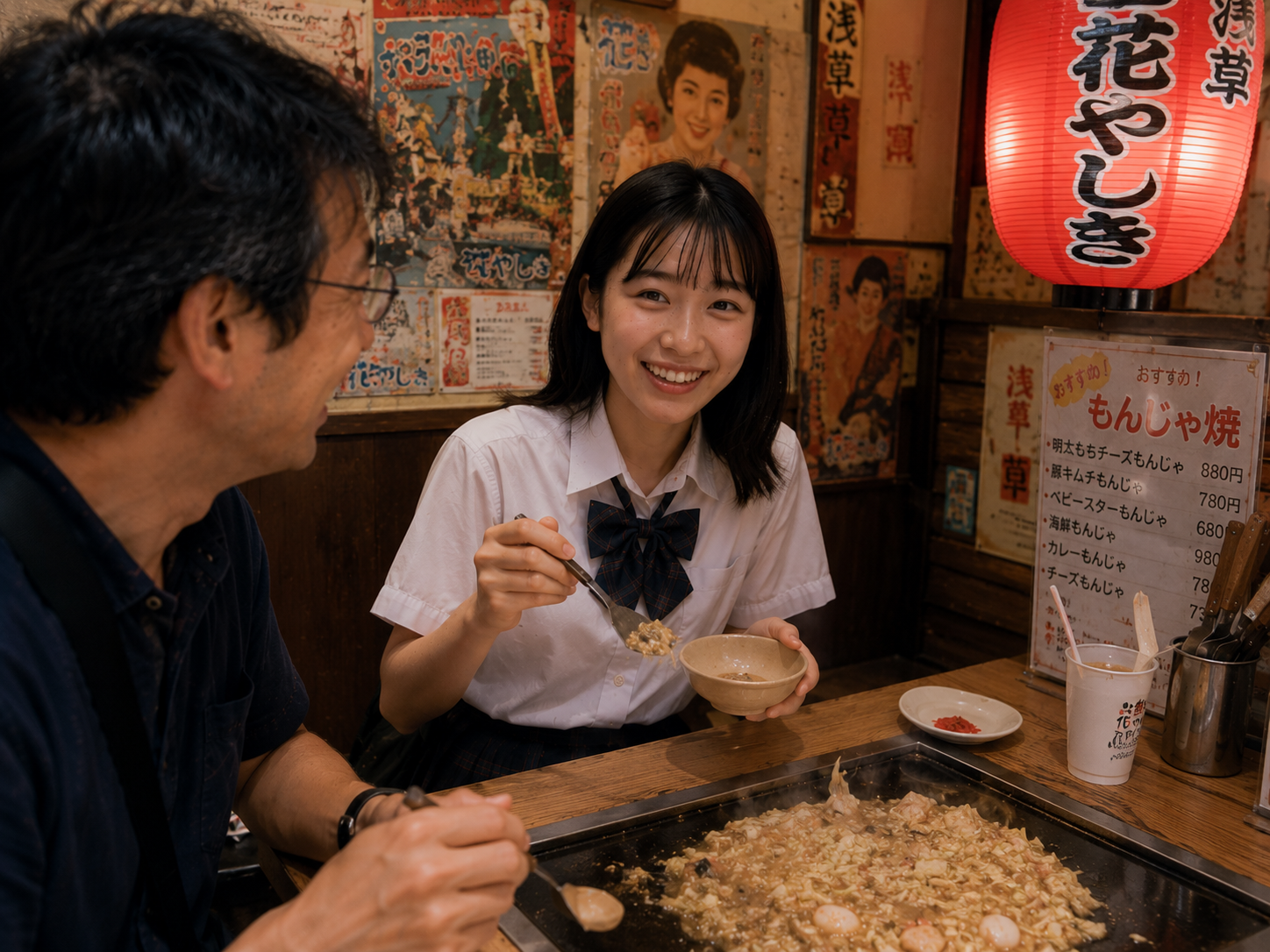 もんじゃ焼きを囲む場面