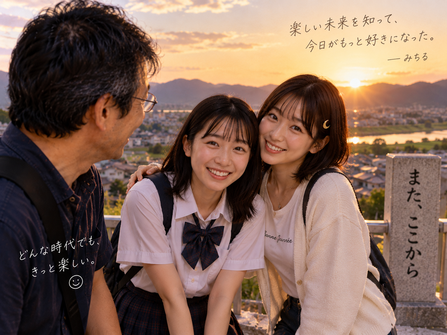 夕暮れの三人