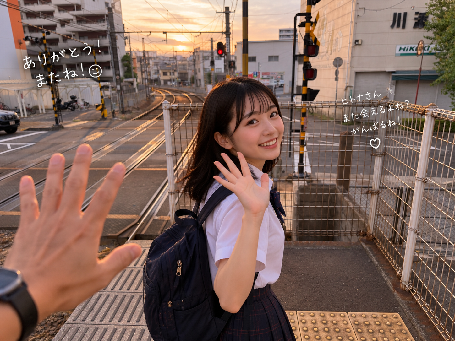 現代の線路・いつもの場所で手を振る高校生みちる