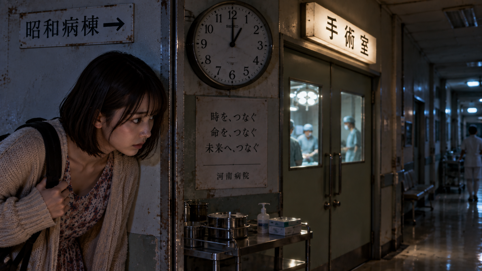手術室の前で様子をうかがう現在のみちる