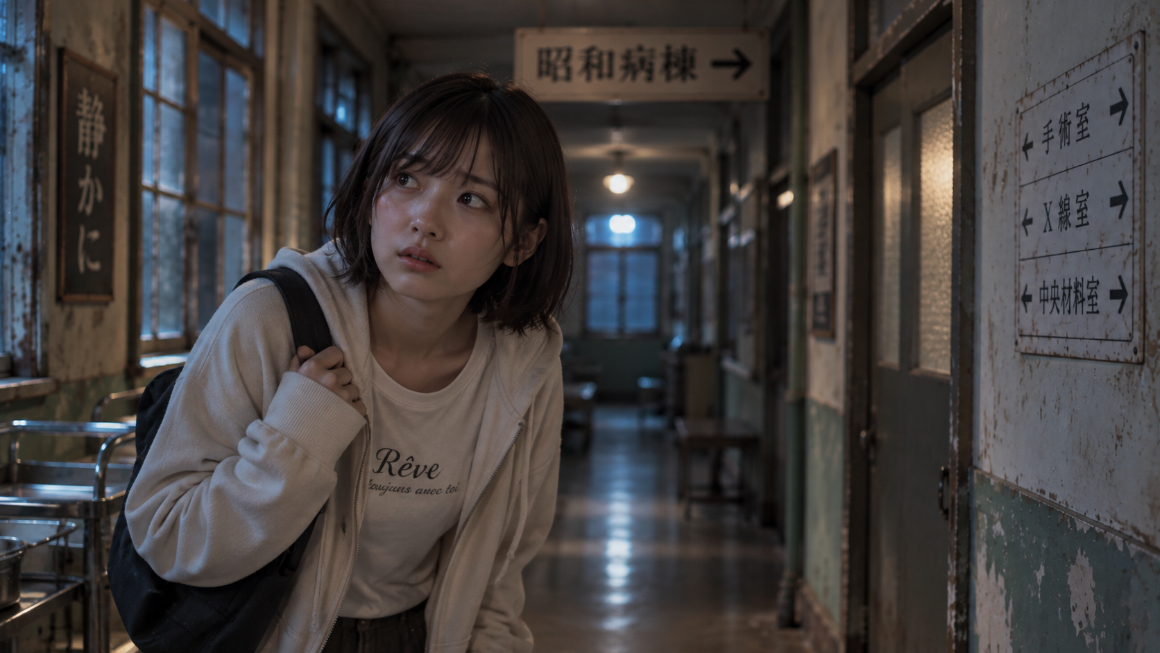 私服姿で昭和棟に迷っているチビみちる