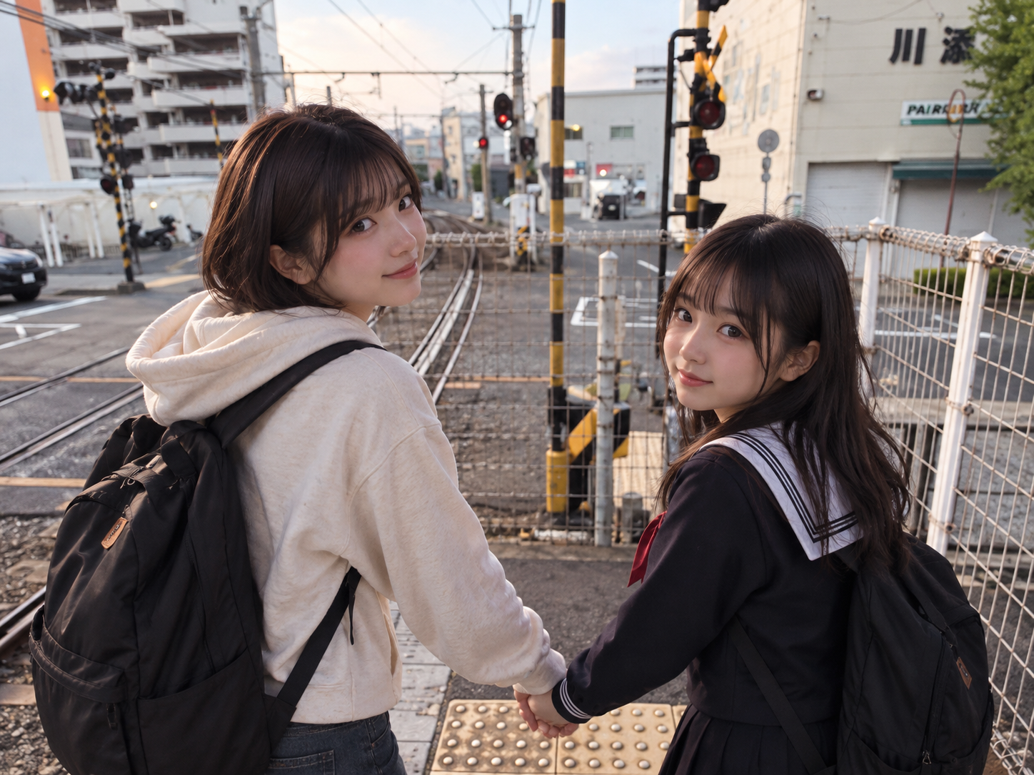 踏切で手をつなぐ二人のみちる