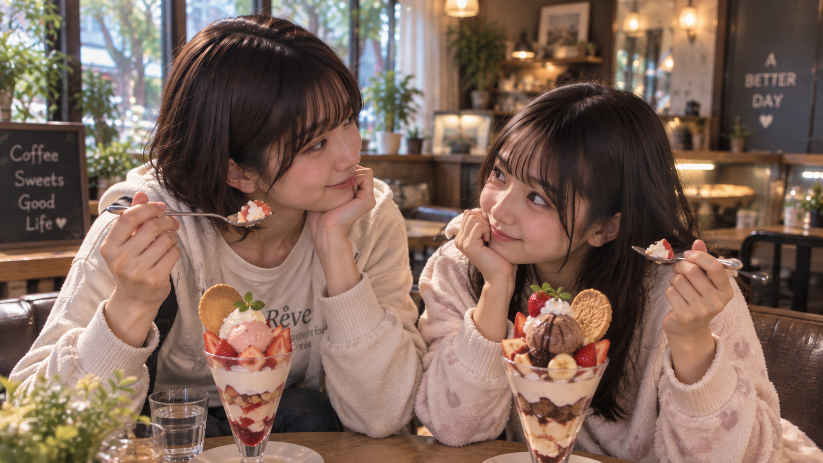 カフェでパフェを食べる二人のみちる