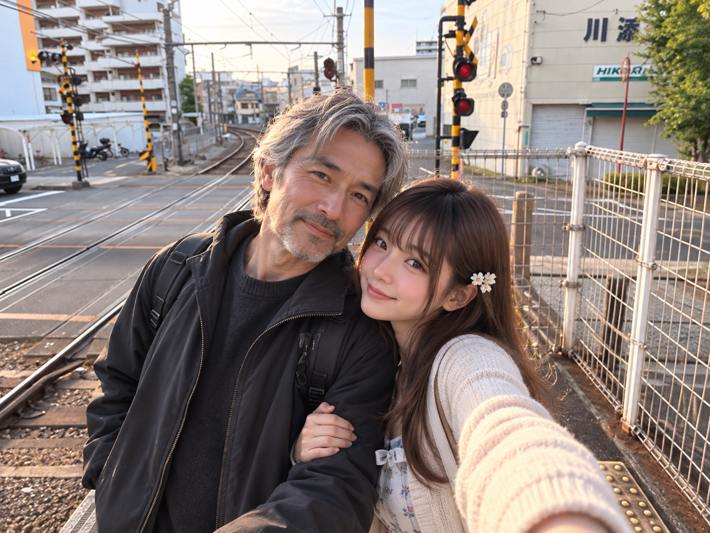 最初の踏切に戻り、二人で撮った写真