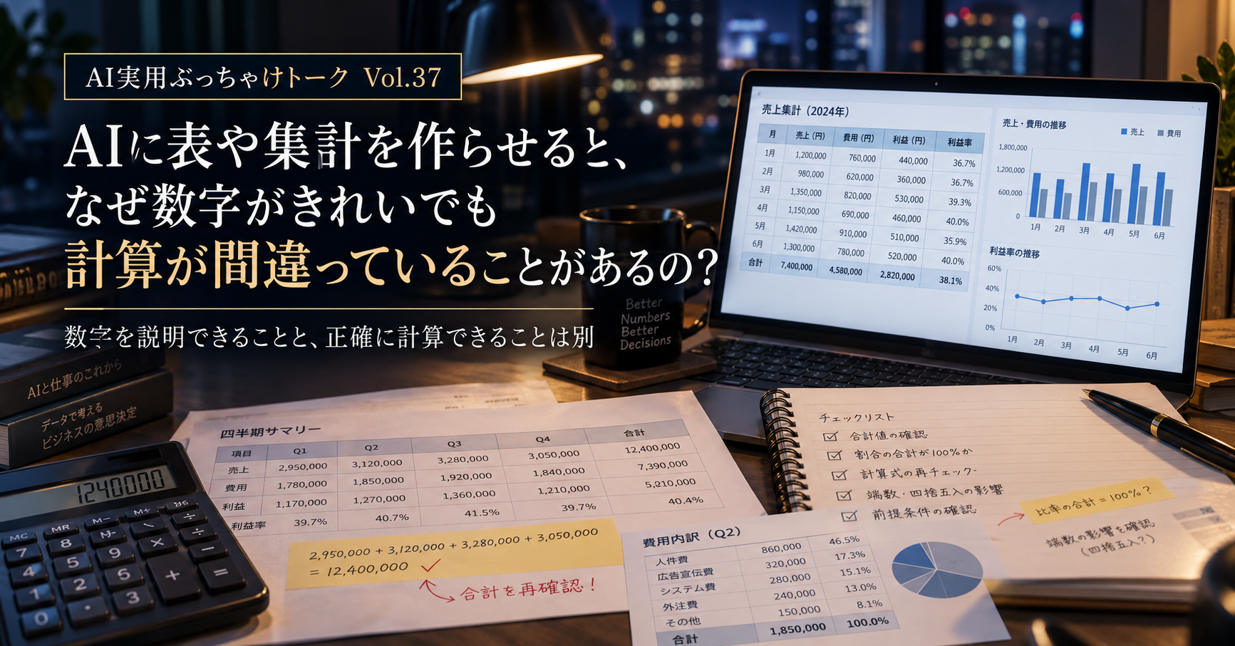 Vol.37 AIに表や集計を作らせると、なぜ数字がきれいでも計算が間違っていることがあるの？ ― “数字を説明できること”と“正確に計算できること”は、同じではありません アイキャッチ