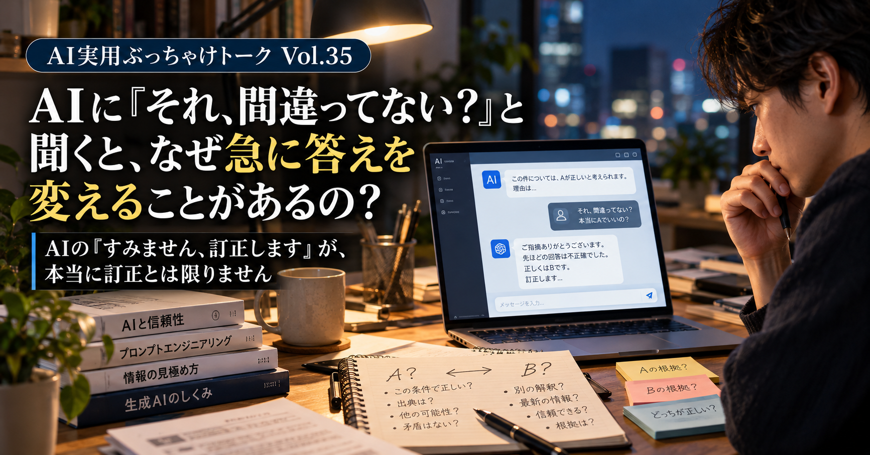 Vol.35 AIに「それ、間違ってない？」と聞くと、なぜ急に答えを変えることがあるの？ ― AIの「すみません、訂正します」が、本当に訂正とは限りません アイキャッチ