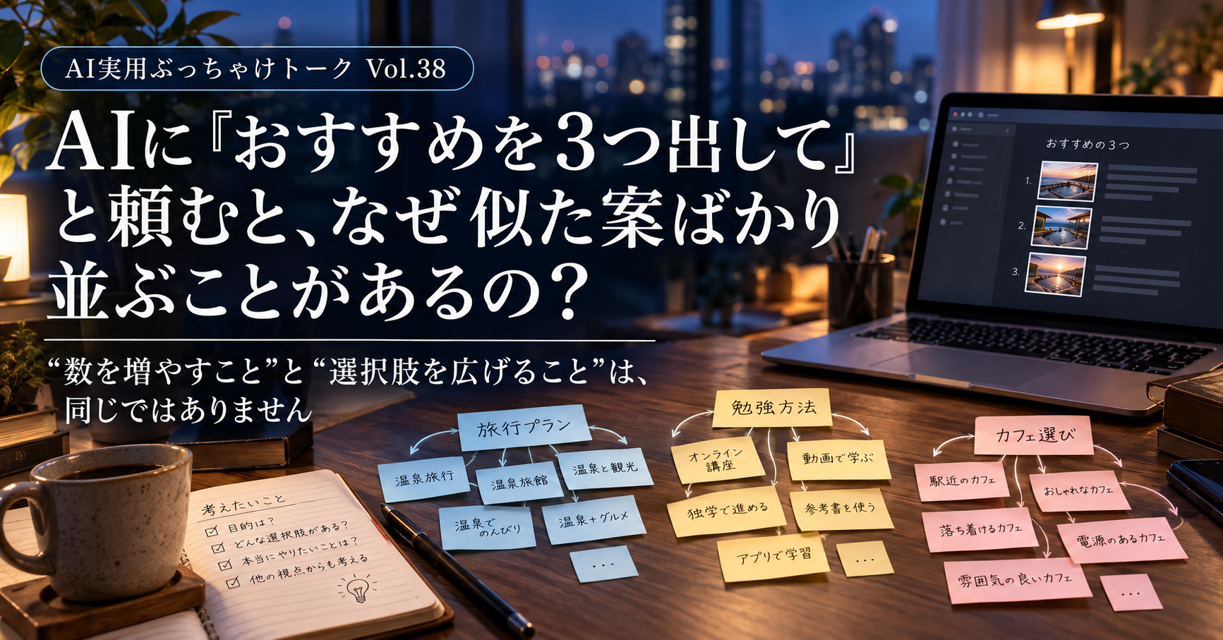 Vol.38 AIに「おすすめを3つ出して」と頼むと、なぜ似た案ばかり並ぶことがあるの？ ― “数を増やすこと”と“選択肢を広げること”は、同じではありません アイキャッチ