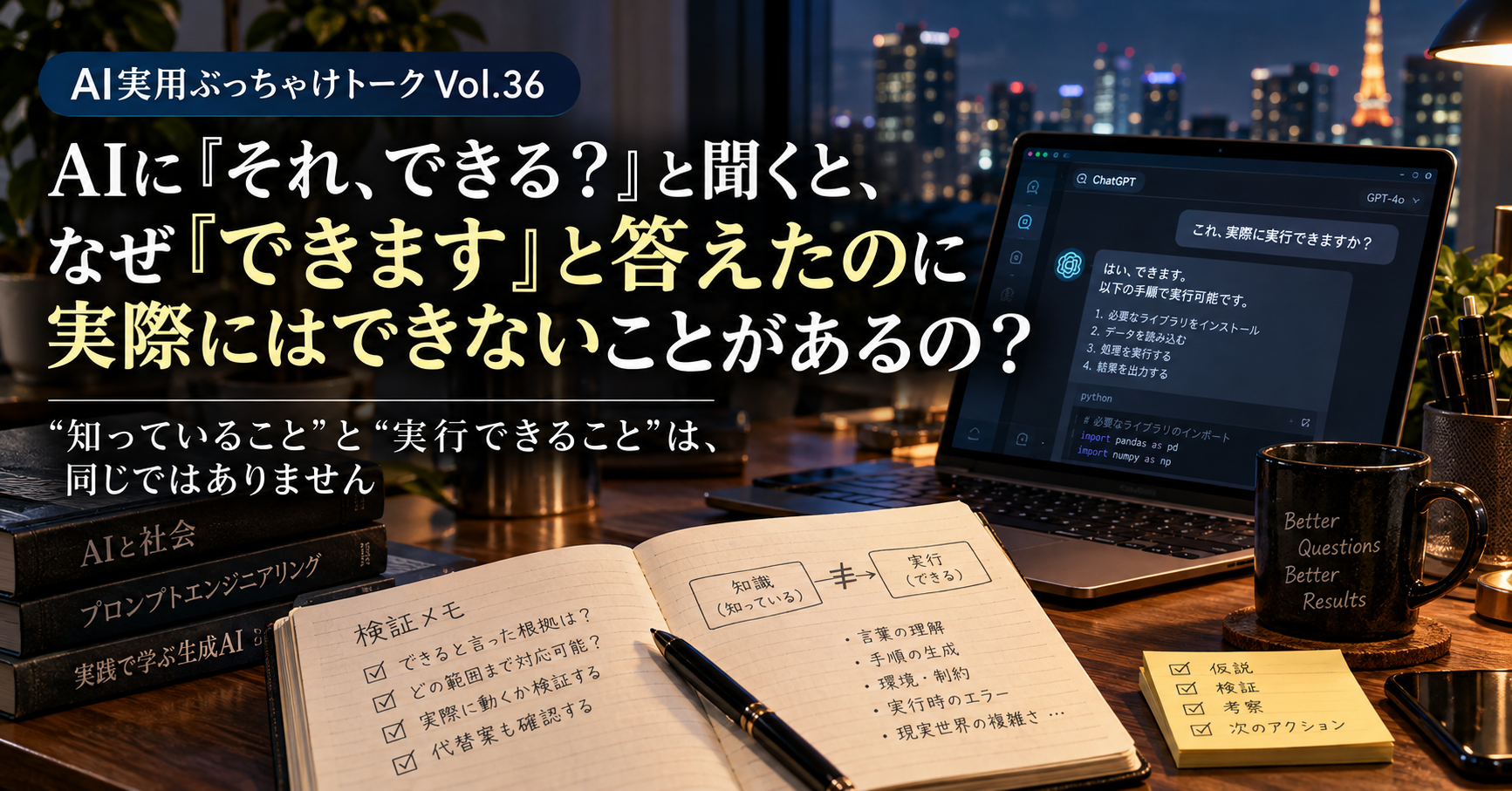 Vol.36 AIに「それ、できる？」と聞くと、なぜ「できます」と答えたのに実際にはできないことがあるの？ ― “知っていること”と“実行できること”は、同じではありません アイキャッチ