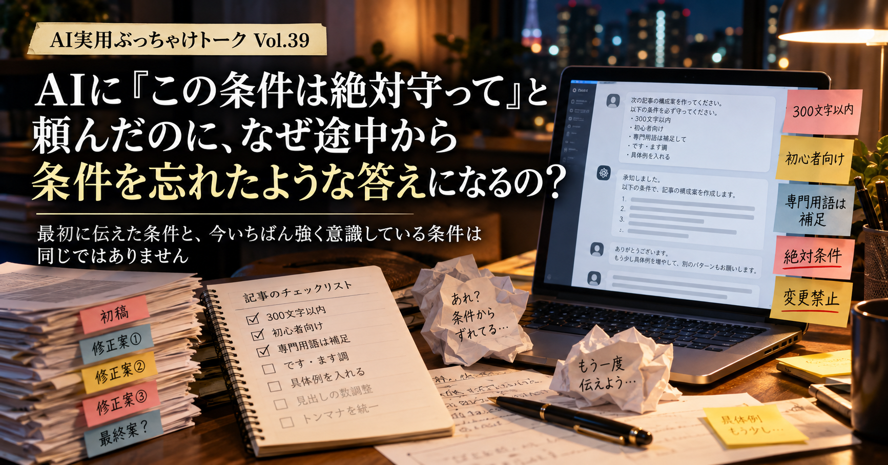 Vol.39 AIに「この条件は絶対守って」と頼んだのに、なぜ途中から条件を忘れたような答えになるの？ ― “最初に伝えた条件”と“今いちばん強く意識している条件”は、同じではありません アイキャッチ